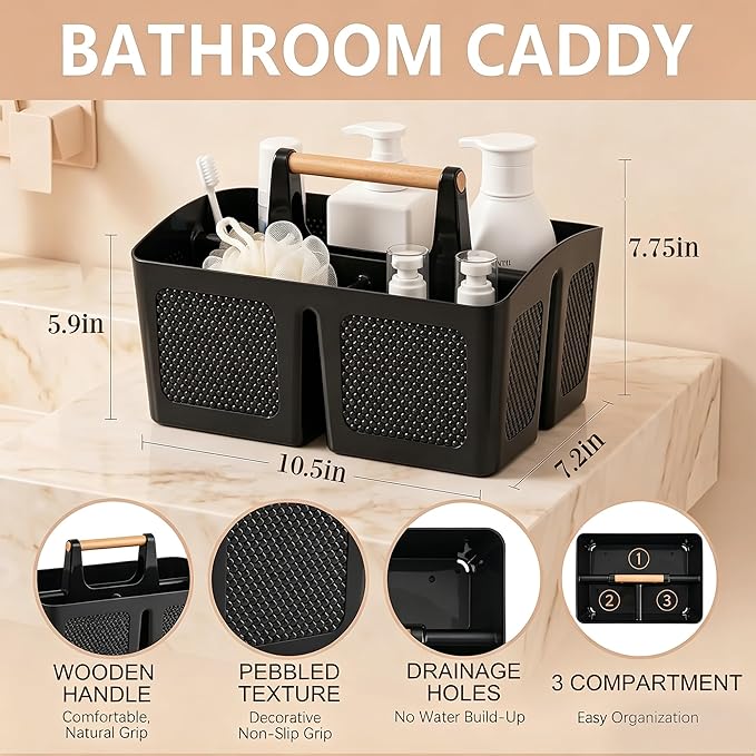 Haundry Plastic Shower Caddy with Wooden Handle, Portable 3-Compartment Bathroom Organizer Basket with Drainage Holes, Quick Dry Shower Basket for Dorm, College, Cleaning Supplies