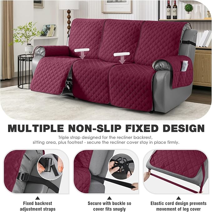 TAOCOCO 100% Waterproof Recliner Couch Covers, Recliner Sofa Covers with Leg Straps, 1-Piece Washable Reclining Sofa Cover with Pocket Couch Protector for Pets Kids(3 Seater, Wine)