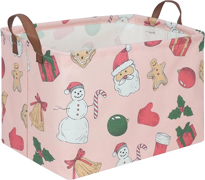 FXOCSHE Rectangular Christmas tree Basket,Pink Christmas,Nursery Hamper,Waterproof and foldable Christmas Tree Basket Baby Storage Bin,Toy Organizer,Boy and Girls New Year decor(Pink Christmas)