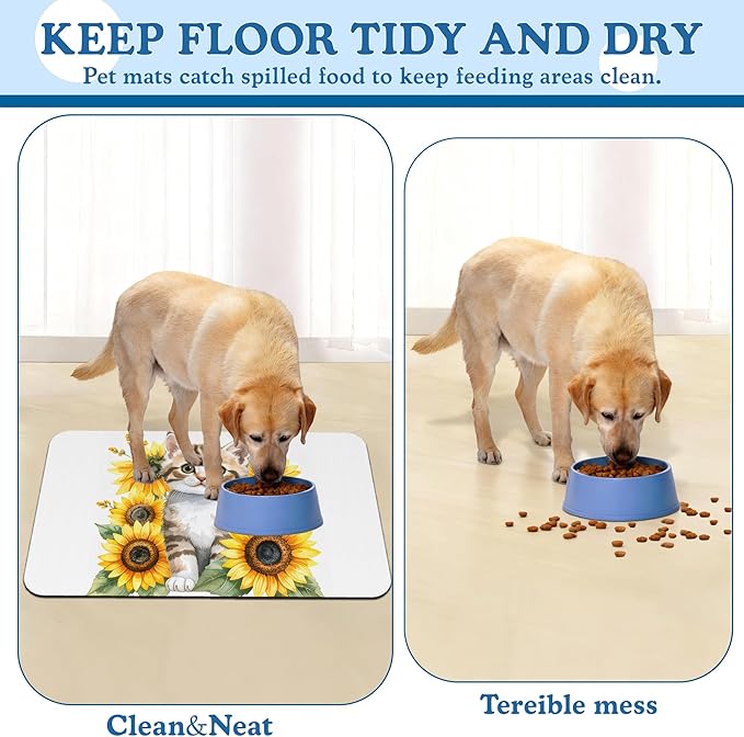 Cute Cat Sunflower Pet Feeding Mat for Floors–Christmas Stocking Absorbent Quick Dry Dog Cat Bowl Mat for Food and Water, Non Slip Waterproof Base, Mess-Free Feeding Accessories 12"x20"
