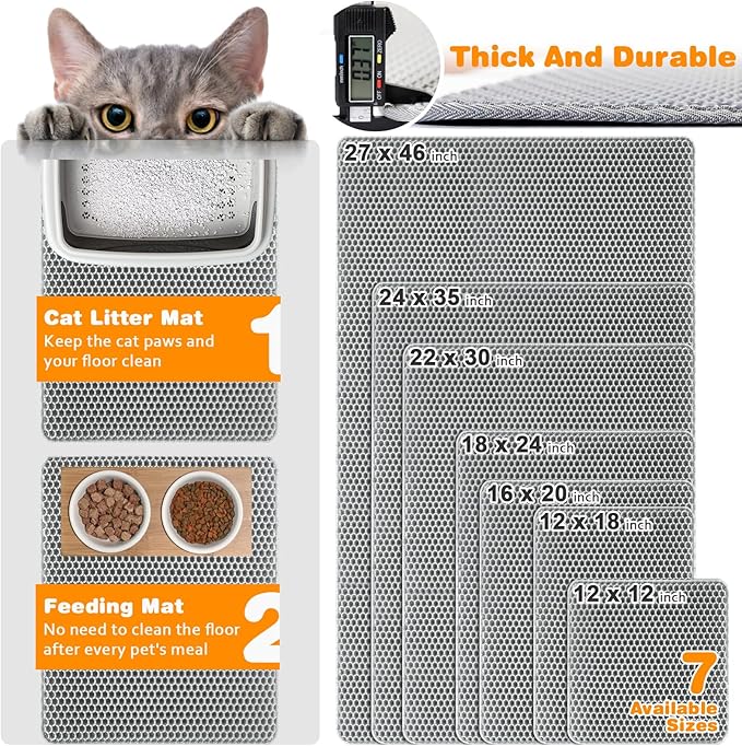 blissstorm Waterproof Cat Litter Mat, Double Layer EVA, Odor-Free Large Grid, Urine Proof, Easy Cleanup (Gray, 16 x 20)