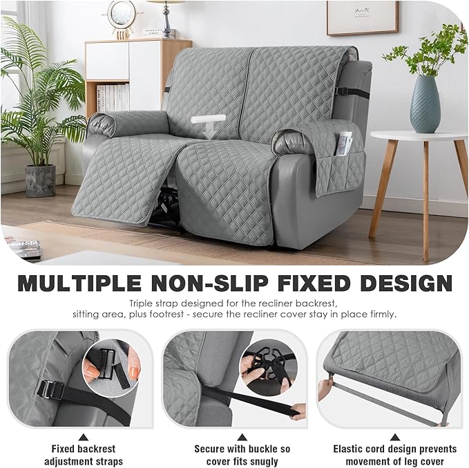 TAOCOCO 100% Waterproof Recliner Couch Covers, Recliner Sofa Covers with Leg Straps, 1-Piece Washable Reclining Sofa Cover with Pocket Couch Protector for Pets Kids(2 Seater, Light Gray)