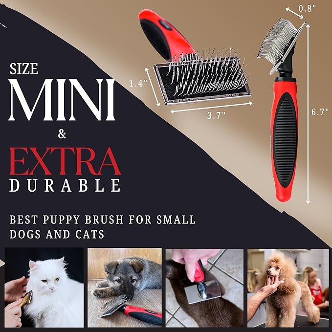 Bixy Pixy Mini Brush for Dogs and Cats - Coated Tips Massage Skin - Long Pins Remove Mats, Tangles in Long and Poodle Fur