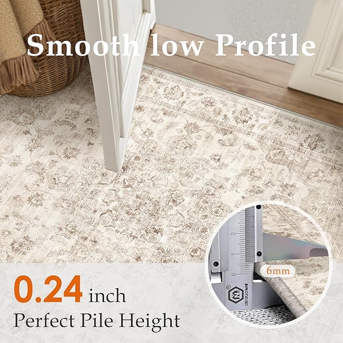5x5 Washable Neutral Round Rug Beige Vintage Entryway Kitchen Cirlce Rug Non-Slip Soft Low Pile Farmhouse Indoor Carpet for Entrance Bathroom Dining Room