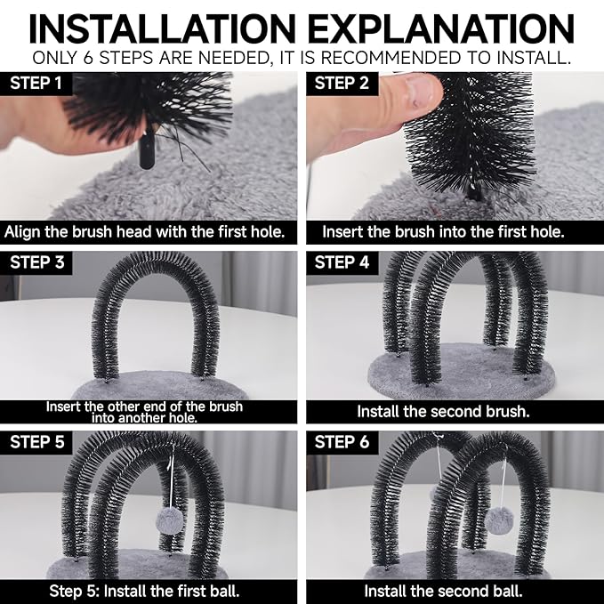 Cat Arch Self Groomer Massager, Kitty Grooming Brush with 2 Brushes and Heavy Plush Base, Cat Face and Back Scratchers, Rubbing Post for Indoor and Outdoor Cats with 2 Plush Balls