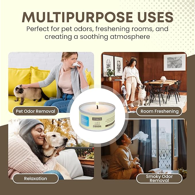 Dog Odor Eliminators for Home Long-Lasting 72-Hour, Burn Natural Soy Wax with Refreshing Scent, Cat Odor Eliminator Scented Candle to Remove Pet Smells (Fresh Linen)