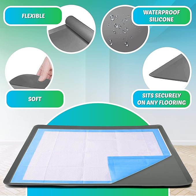 TidyFriend Dog Pad Holder Tray for 23 x 30 Inches Training Pads, Silicon Wee Wee Pad Holder, No Spill Pee Pad Holder for Dogs - Easy to Clean and Store Perfect for Dog Potty Tray (Grey)