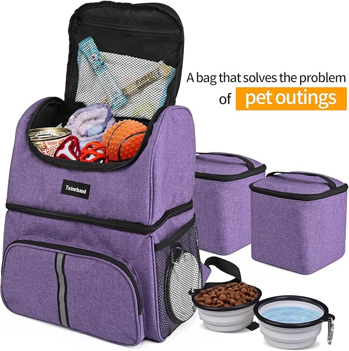 Txinrbaod Dog Travel Bag Airline Approved Pet Supplies Backpack with 2 Food Container Dog Bags for Traveling Camping Hiking Purple