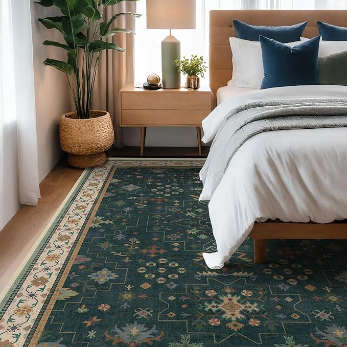 Dark Green Vintage 7x10 Washable Rugs for Living Room - Dark Academia Victorian Floral Geometric Bedroom Rug, Ultra Soft Thin Low Pile Non-Slip Large Rugs for Lounge