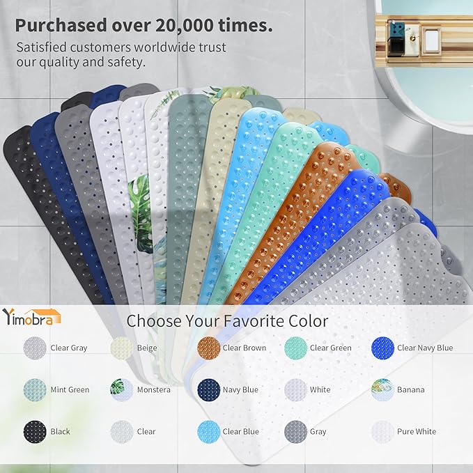 Yimobra Non Slip Bathtub Mat 40"x16", Super Strong Suction Cups, Extra Long Shower Mat with Drain Holes, Machine Washable Fast Draining Bathroom Floor Mat, Clear Grey
