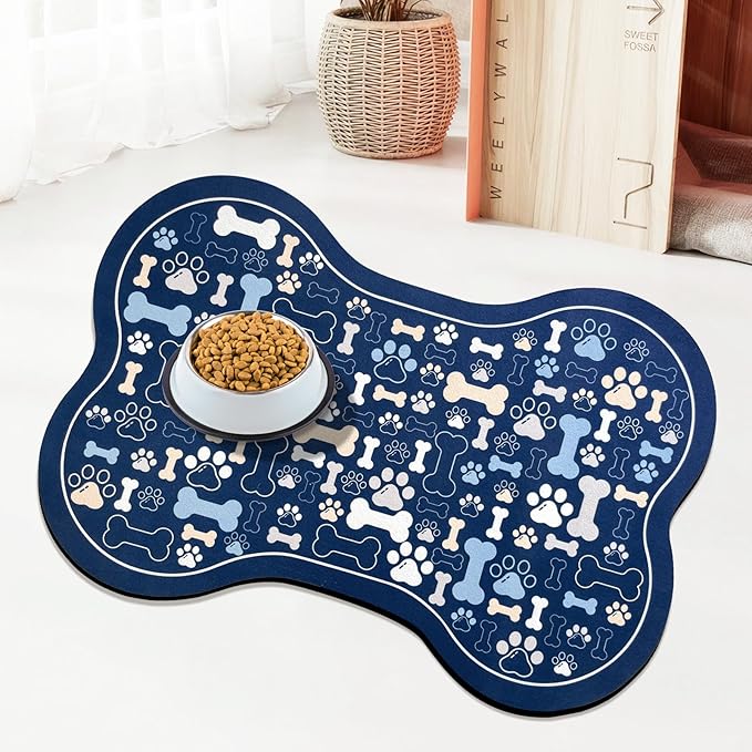 Dog & Cat Food Mat Bone Shaped Pet Feeding Mat Quick Absorb Water Bowl Placemat with Rubber Backing Indoor Floor Stain Resistant Pet Accessory Supplies (Blue, 12x24 Inches)