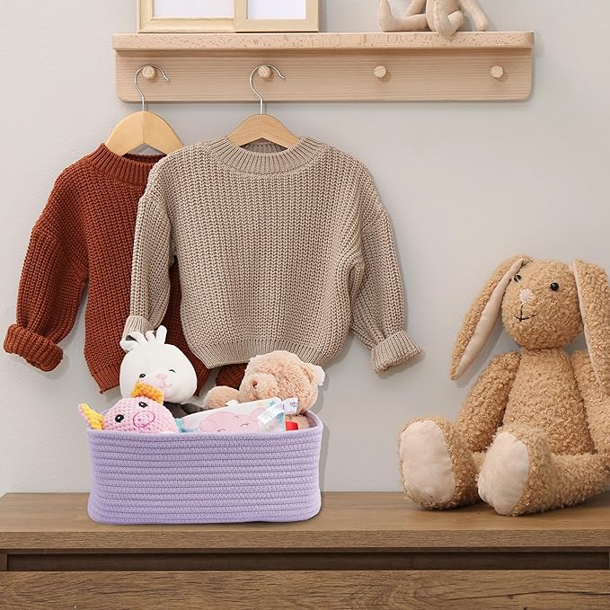 XUANGUO Small Woven Storage Baskets 12“X8”X5“ Decorative Rope Bins for Organizing Shelves, Closets, and Toys, Empty Gift Baskets, Cute Organizer Basket for Home and Office (purple, regular)