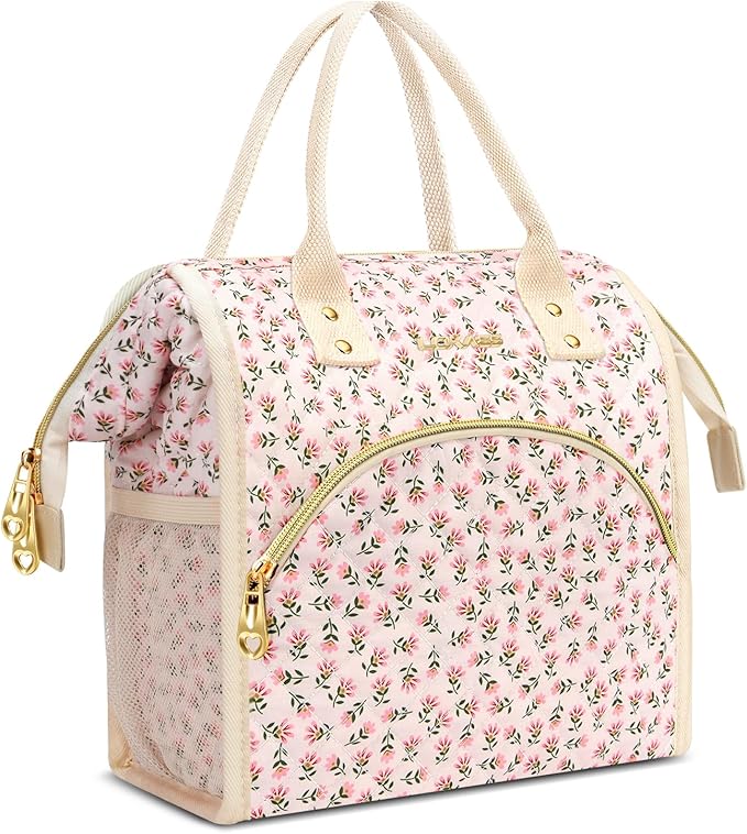 Lunch Bag Women Insulated Lunch Box Wide-Open Lunch Tote Bag Large Drinks Holder Durable Nylon Thermal Snacks Organizer for Men Adults Work Picnic Hiking Beach Fishing, Red Flower