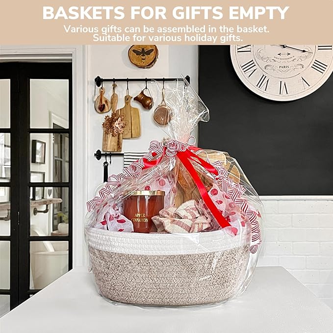 CHICVITA Gift Basket Empty to Fill, Easter Baskets for Gifts Empty, Small Basket with Bags & Ribbon, Dog Toy Storage, 12"x 8"x 5", Brown