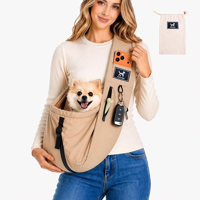 Pet Sling Carrier for Small Dogs and Cats 5-20lbs, Dog Sling with Adjustable Depth, Breathable Air Mesh Puppy Travel Bag, Water Resistant Fabric, Double Safety Leash, Machine Washable,Caramel