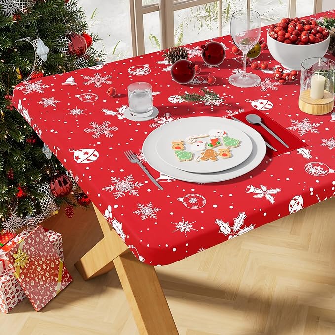 misaya Rectangle Vinyl Tablecloth, Fitted Table Cover, 100% Waterproof, Elastic Edge, Flannel Backing, Plastic Table Cloth Fit 8 Foot Folding Tables for Christmas Dinner (Bells, 30x96 inch)