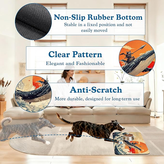 Wave Cat Dog Food Mat,Christmas Stocking Ukiyo-e Whale Absorbent Quick Dry Feeding Placemat for Food and Water Bowls, Non Slip Rubber Backing, Waterproof Pet Supplies for Mess-Free Eating 12"x20"