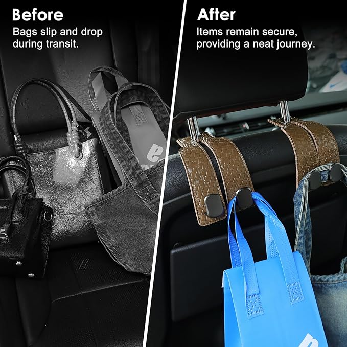 KINIVA 4 Pack Car Seat Hooks for Headrest, PU Leather Purse Hook Holder - Double Hook Design for Bags, Phones, Groceries, Car Back Seat Storage Accessories (07-Khaki 4 Pcs)