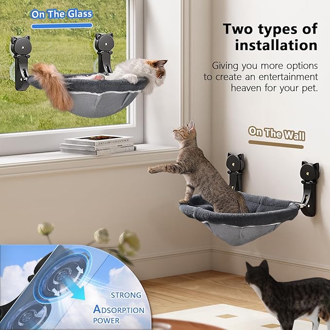 JUNSPOW Cat Window Perch Cordless, Foldable & Stable Cat Beds- Breathable Cat Window Hammock for Overlooking, Sunbathing and Climbing - Maximum Hold Up to 40lb