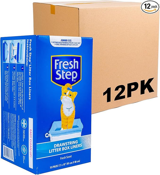Fresh Step Jumbo Drawstring Cat Litter Box Liners, Scented Heavy Duty Kitty Litter Bags for X-Large Oval or Rectangle Pans, Helps Contain Mess for Easy Lift Out Cleanup, 36 x 19 in, 15 Count - 12 Pack