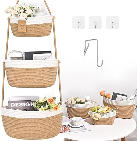 Hanging Storage Baskets, Over The Door Basket, Cotton Wall Baskets Storage, Hanging Door Basket with 4 Hooks