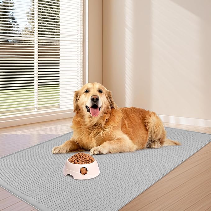 Bartuke Dog Food Mat, Extra Large 40" x 28" Silicone Pet Feeding Mat for Small, Medium, and Large Pets Non-Slip, Easy to Clean, Gray