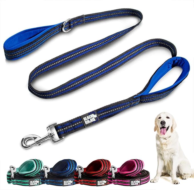 Black Rhino Heavy Duty Dog Leash for Medium and Large Dogs - 5 ft Long Double Handle Dog Leash with Padded Traffic Control Handles - Reflective, Durable, and Weather Resistant (Blue and Gray)