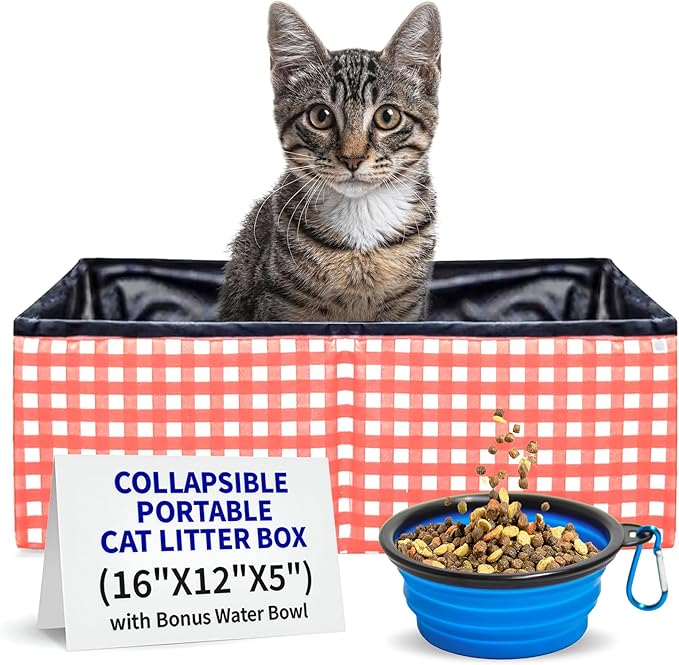 Pet Fit For Life - Vibrant Collapsible Travel Cat Litter Box - Portable, Foldable, Compact Design with Bonus Water Bowl - Ideal for Car & Camping - Reusable, Cats Safe - Coral, (16"x12"x5")