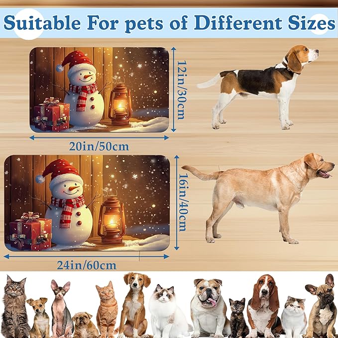 Chirstmas Gifts Dog Cat Food Mat, Cute Snowman Absorbent Waterproof Placemat for Food and Water Bowls, Non Slip Rubber Backing, Feeding Mat for Clean Floors 16"x24"