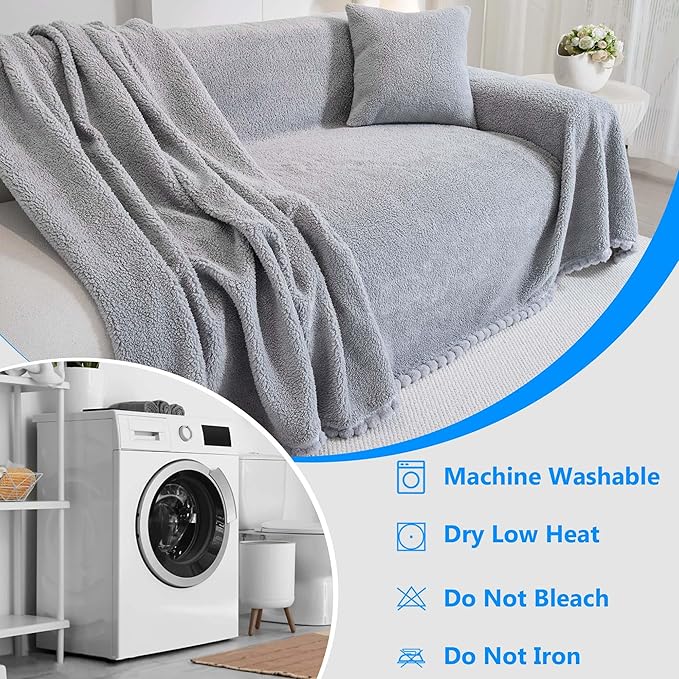 Sherpa Fleece Oversized Couch Cover for 3-4 Cushion Sofa, Grey 71" x 150" - Pet Proof Sofa Covers Heavy Duty Scratch Resistant Pet Friendly Furniture Cover - Easy Install, Machine Washable