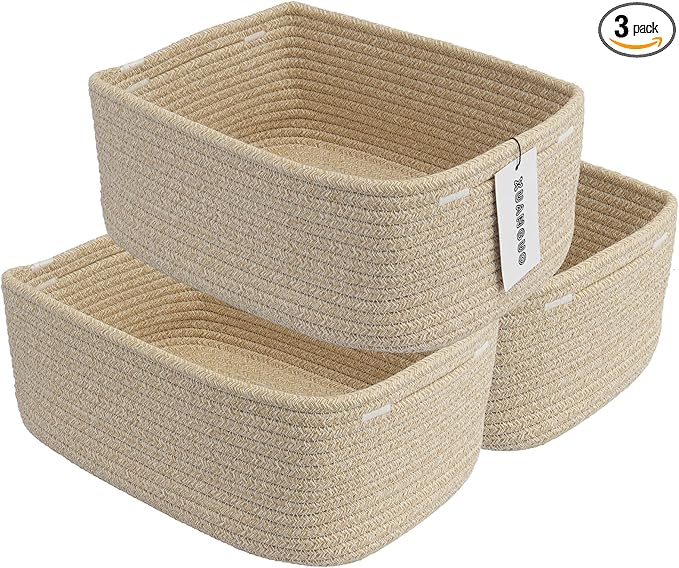 XUANGUO Small Woven Storage Baskets 13“X9”X5“ Decorative Rope Bins for Organizing Shelves, Closets, and Toys, Empty Gift Baskets, Cute Organizer Basket for Home and Office (oatmeal, Large)