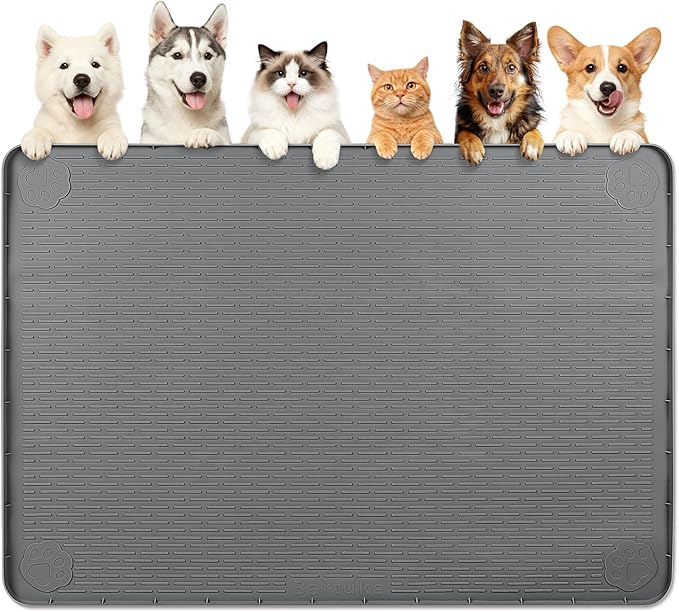 Bartuke Dog Food Mat, Extra Large 57" x 40" Silicone Pet Feeding Mat with Raised Edge Pet Placemat for Small, Medium, and Large Pets Non-Slip, Easy to Clean (Dark Grey)