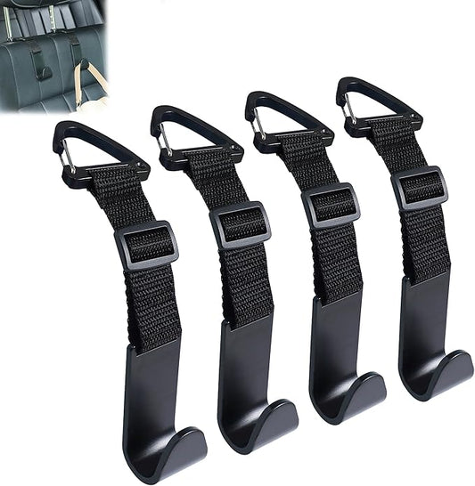 Amooca Headrest Hooks for Car Adjustable 4 Pack Vehicle Seat Back Organizer Storage Hanger Holder for Purse Bags Universal Fit with Clip Black