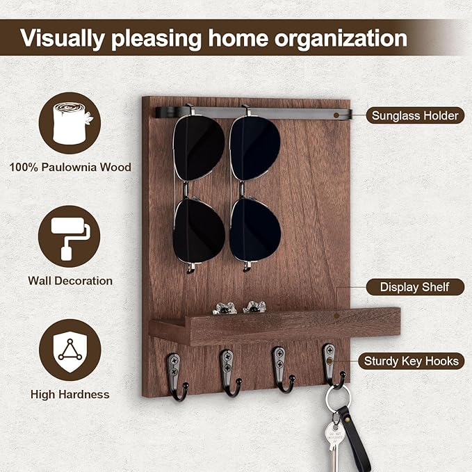 Lucundm Key Holder Wall Mount, Key Holder for Wall with 4 Hooks, Farmhouse Key Hanger Holds Dog Leash, Sunglasses, Decorative Mail Organizer Home Decor (Brown)