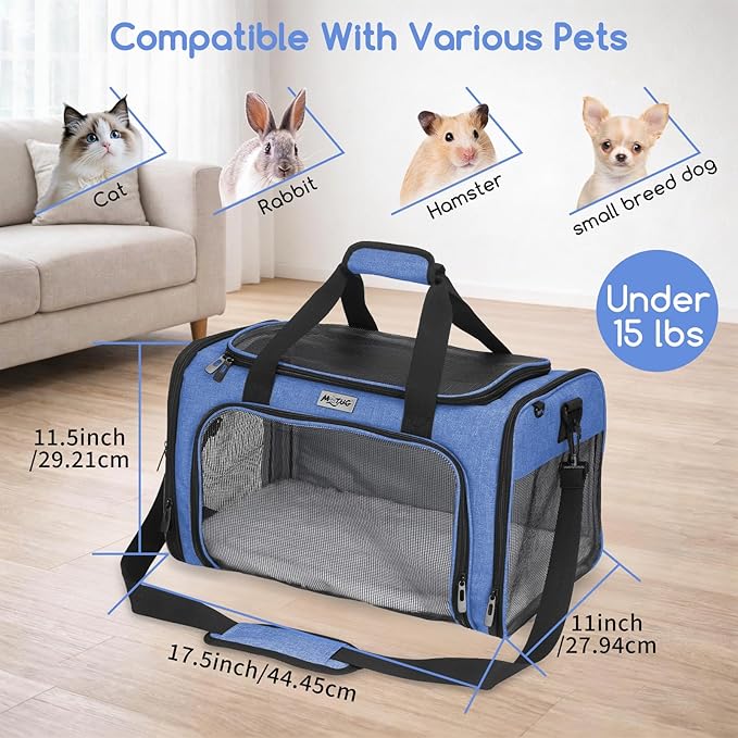 Pet Carrier for Cats & Small Dogs, Travel Carrier with Anti-Collapse Support, Chew Resistant Buckles, Luggage Sleeve, Multi-Pocket Storage, Reversible Mat & Bowl (Blue, Medium (17.5"x11"x11.5"))