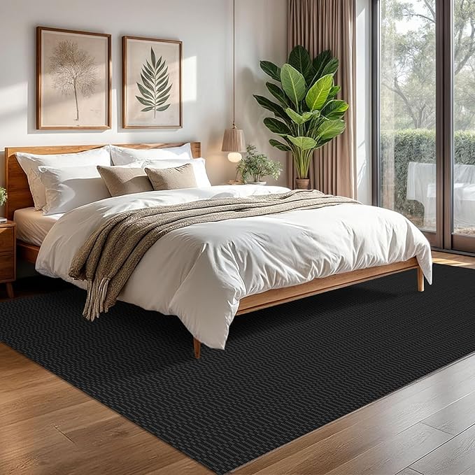 KOZYFLY Washable Area Rug - 6x9 Ft, Braided Cotton, Black/Grey, Ideal for Living Room, Bedroom & Dining Room