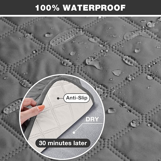 TAOCOCO 100% Waterproof Recliner Couch Covers, Recliner Sofa Covers with Leg Straps, 1-Piece Washable Reclining Sofa Cover with Pocket Couch Protector for Pets Kids(3 Seater, Grey)