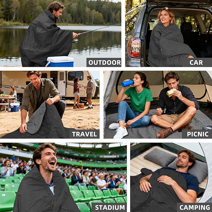 KawaGebo Kamp Outdoor Waterproof Blanket, Foldable Fleece Stadium Blanket for Outdoor Sports Event, Camping, Car, Pet, Picnics - Windproof, Wearable, Machine Washable 80" x 58" (Black Gray,Hooded)