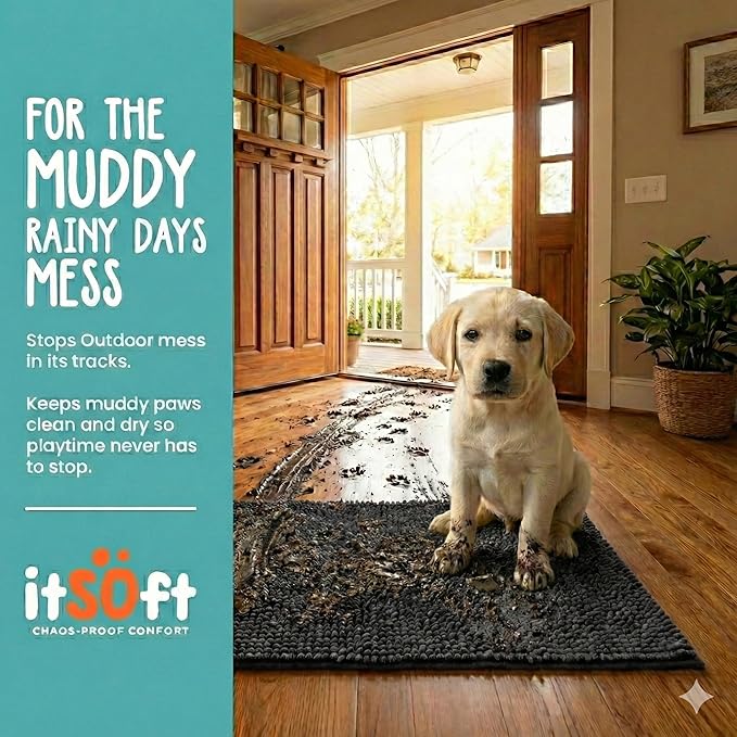 Dog Rugs for Muddy Paws 61x31 | Cleaner, Mud Free Floors | Dog Door Mat for Muddy Paws Muddy Rug for Dogs Absorbent Chenille Machine Washable w Non Slip Backing Outdoor Pets & Paw Matt, Charcoal Grey