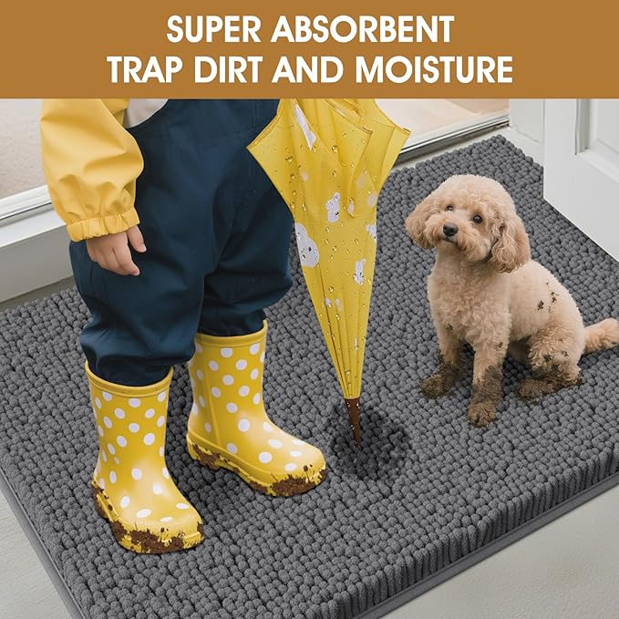 2 Pieces Muddy Door Mats for Dogs, 30" X 20" Chenille Absorbent Doormat, Trap Dirt Non Slip Heavy Indoor Doormat Soft Dog Bed Mat Front Inside Door Mat for Indoor Outdoor Entrance,Grey