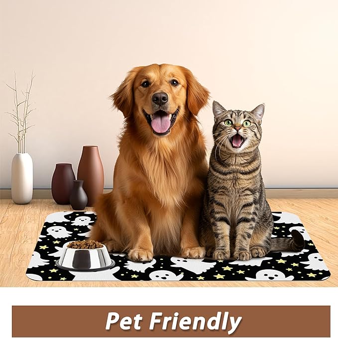 Halloween Pet Feeding Mat,Ghosts Absorbent Quick-Dry Cat Dog Food and Water Bowl Mats,Non-Slip Rubber Backing Mat,Cat Dog Accessories Supplies 12"x20"