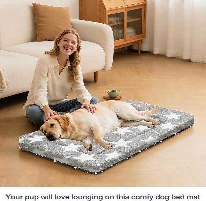 Fogkiss Dog Bed Mat, Reversible Dog Crate Pad with Washable Kennel Mat and Soft Foam, Pet Bed for Dogs & Cats, for Crates Carriers & Travel(Big&Small Stars Grey, 35" L*23" W*1.5" Th)