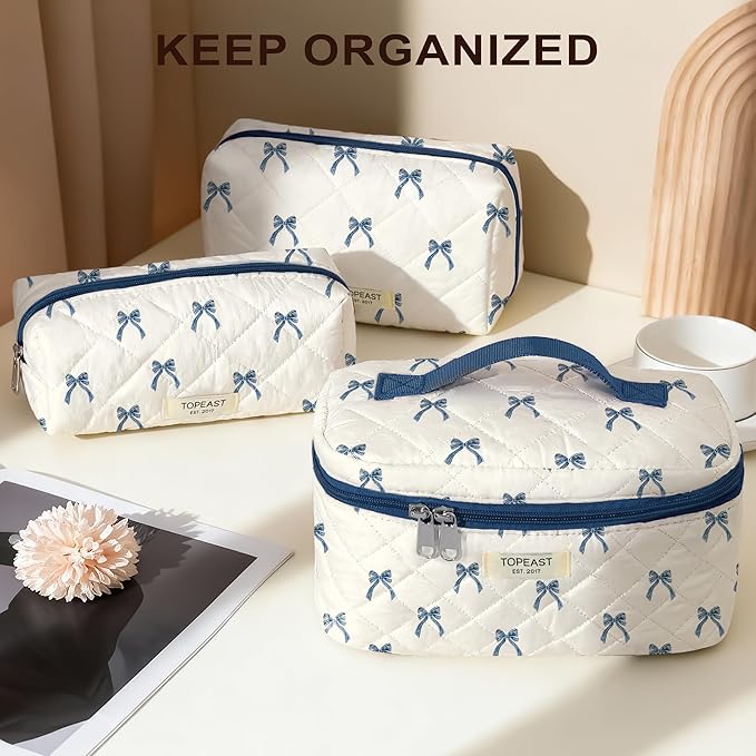 TOPEAST Travel Makeup for Women Girl, 3Pcs Large Cute Quilted Make up Bag Organizer for Purse, Portable Big Cosmetic Brush Pouch with Zipper Compartment, Blue Bow