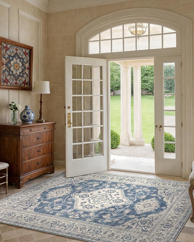 Lahome Oriental Area Rug, 3x5 Washable Rugs for Living Room Non Slip Entry Mat, Vintage Soft Pet Friendly Throw Carpet for Entryway Bedroom Dinning Room Eleanor, Blue