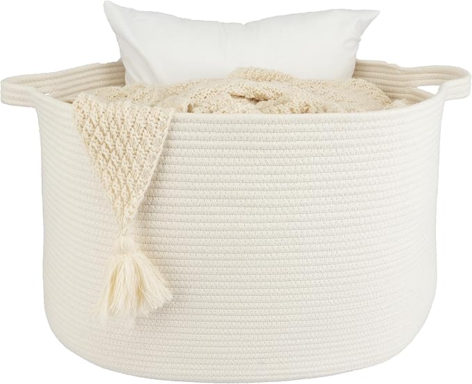 XUANGUO Extra Large Cotton Rope Basket Blankets Basket Living Room 22"x14" Toy Basket for Kids Dogs Rope Storage Basket for Nursery Woven Laundry Basket for Clothes Towels Baby Toy Storage round white