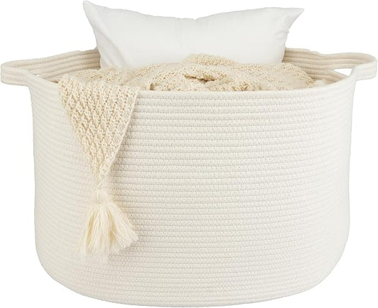 XUANGUO Extra Large Cotton Rope Basket Blankets Basket Living Room 22"x14" Toy Basket for Kids Dogs Rope Storage Basket for Nursery Woven Laundry Basket for Clothes Towels Baby Toy Storage round white