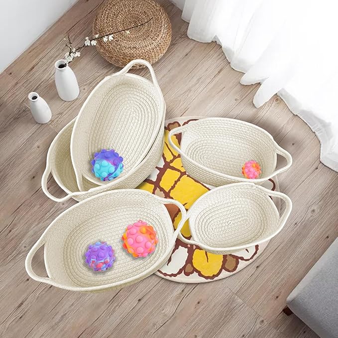 5-Piece White Rectangle Storage Basket Set, Woven Rope Sturdy Cotton Organizer Bins for Shelves, Pantry, Bathroom, Nursery & Bedroom Decor Small Organizer Bins (Beige)