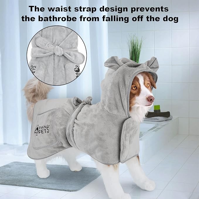 Ownpets Dog Bathrobe Towel, Super Absorbent Soft Dog Drying Robe with Cap & Pocket for Bathing & Beach Trips, Microfibre Fast Drying Dog Towel Robe for Dogs and Cats(Medium)