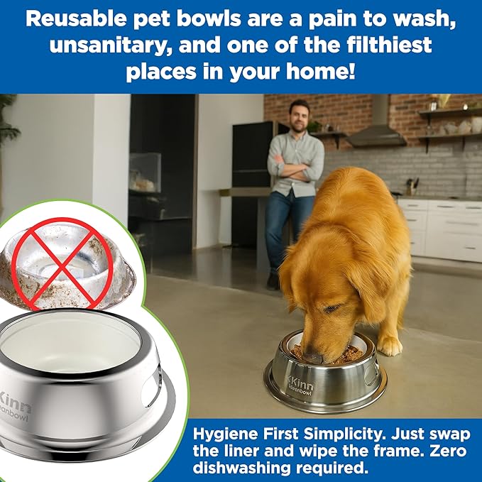 Kinn Kleanbowl Pet Bowl Stainless Steel Frame with Compostable Refills, 32 oz (Pack of 1) – Spill-Proof Stable Disposable Dog Bowls for Easy Cleaning and Healthy Pets, No Plastic