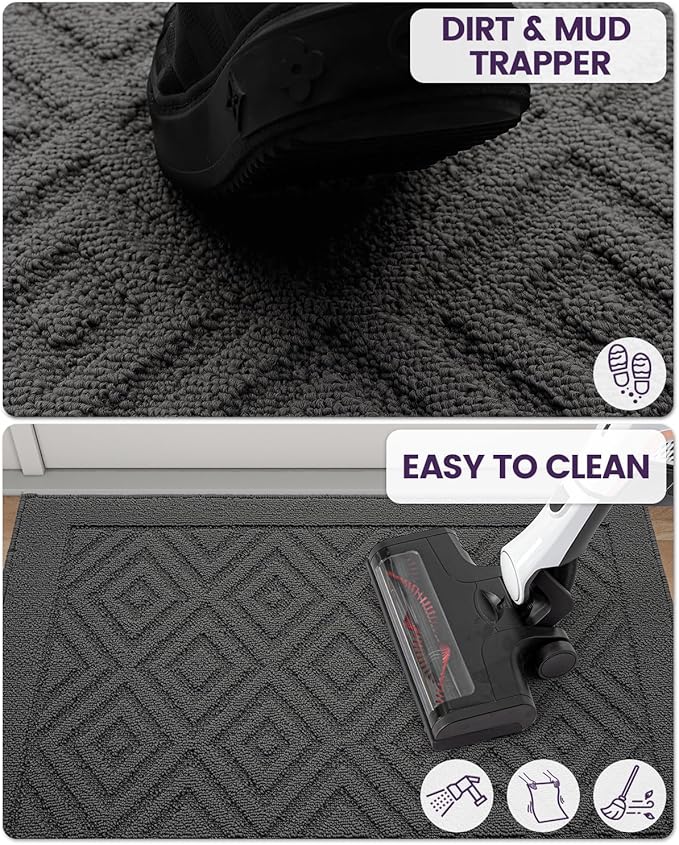 DEXI Front Door Mat for Entryway, 32x48 Washable Entry Rugs with Non Slip Backing, Low Profile Absorbent Welcome Floor Doormat for Inside Home, Entrance, Dark Grey